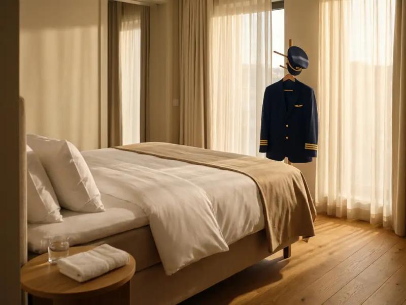 Pilot uniform jacket and cap on coat rack beside a neatly made hotel bed with white linens in warm afternoon light