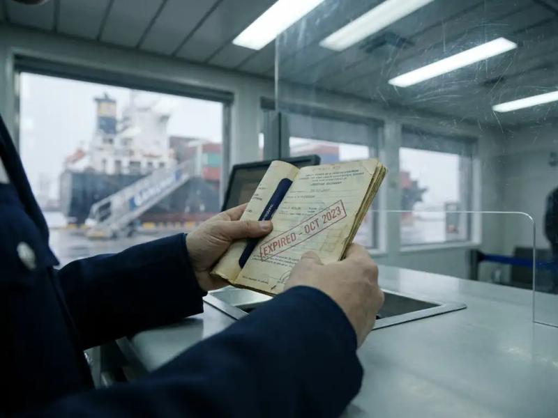 Port official examining a worn, expired maritime travel document at an airport check-in counter, ship gangway blurred in background.