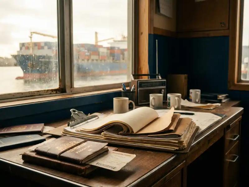 Weathered clipboard with layered crew documents on a maritime desk, passports nearby, container ship visible through a salt-streaked harbour window.