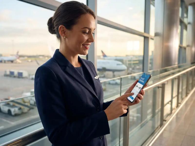 Cabin crew member in navy uniform checking flight booking app on smartphone at airport terminal with aircraft visible on tarmac.