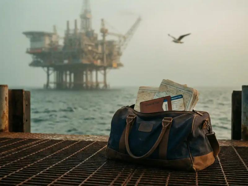 Weathered duffel bag with folded charts and boarding pass wallet on a metal dock, offshore oil platform visible through morning coastal haze.