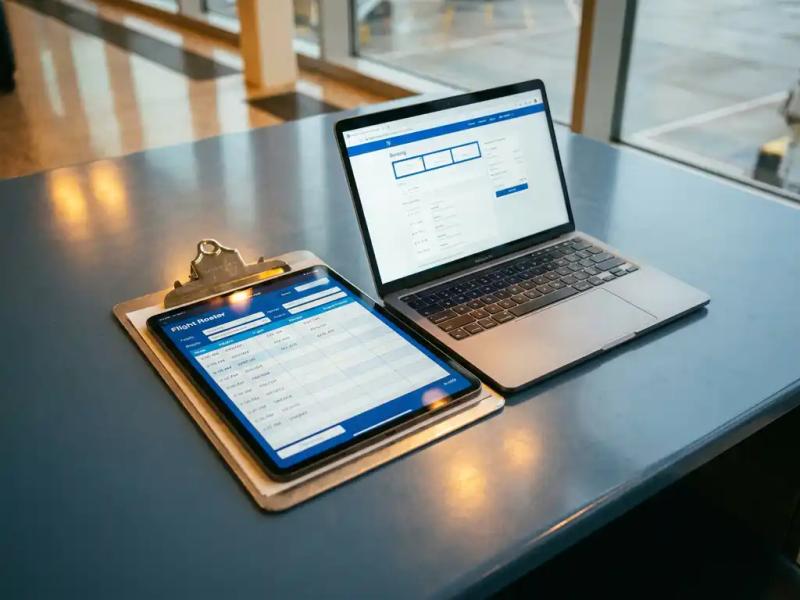 Pilot flight roster clipboard beside an open laptop showing a booking interface on an airport operations desk.