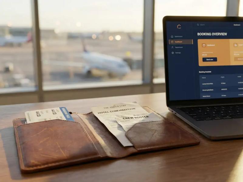 Worn leather travel organizer holding boarding passes and crew roster beside a laptop showing a booking dashboard in an airport lounge.