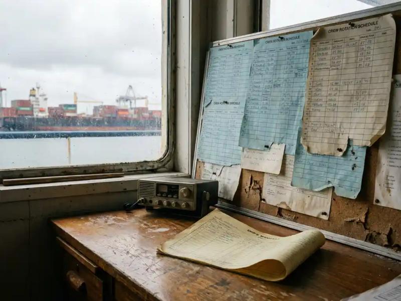 Weathered port office desk with crew rotation papers on a corkboard, ship radio, and container ships through a salt-streaked window.