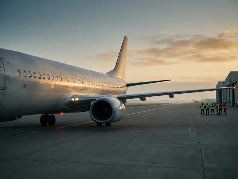 Commercial aircraft taxiing on empty tarmac at dawn, ground crew in high-visibility vests watching as golden light rakes across the riveted fuselage.