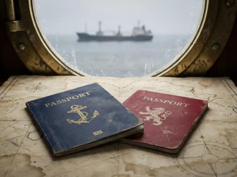 Two open passports with different country insignia overlapping on a weathered nautical chart, merchant vessel visible through a porthole in the background.