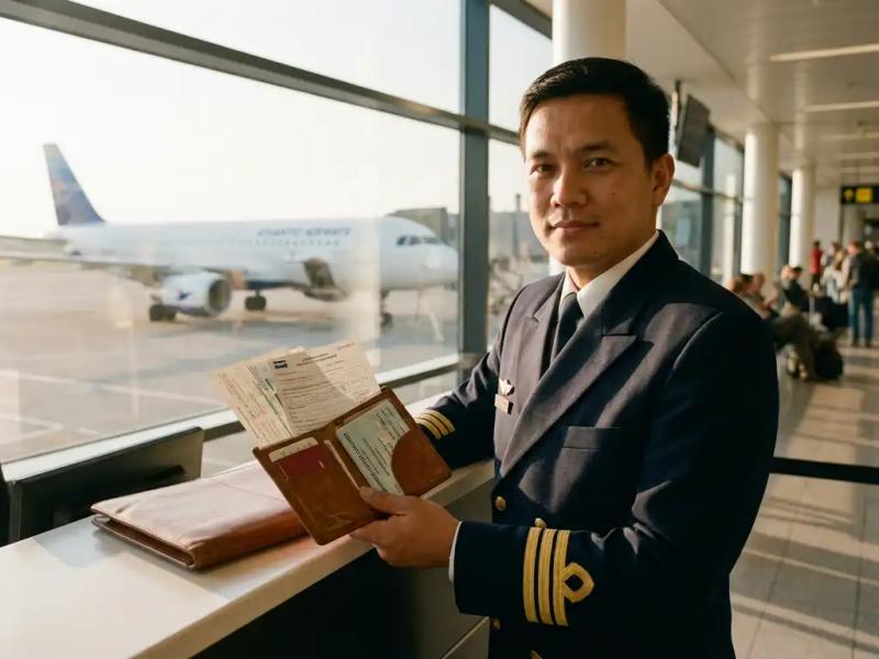 Maritime crew member holding passport and travel documents at airport departure gate, aircraft visible through terminal window in warm daylight.