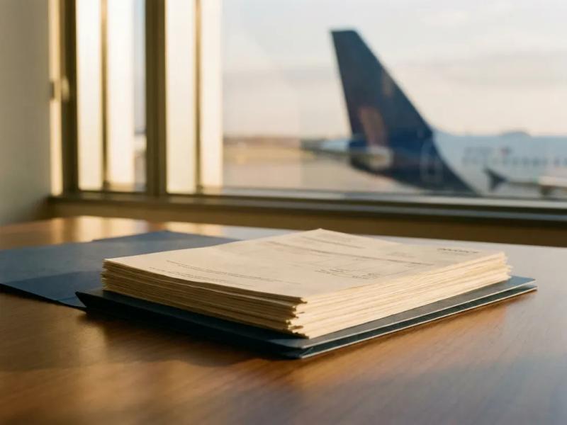 Slim document folder holding consolidated invoices on a corporate desk, with a commercial aircraft visible through the office window.