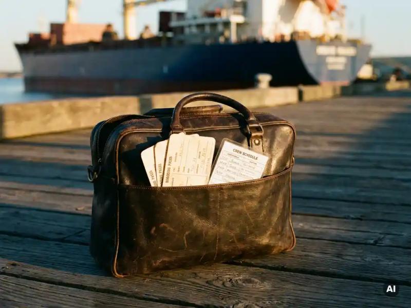 Worn leather crew bag open on a dock with boarding passes and crew schedule, cargo ship in background, golden afternoon light.