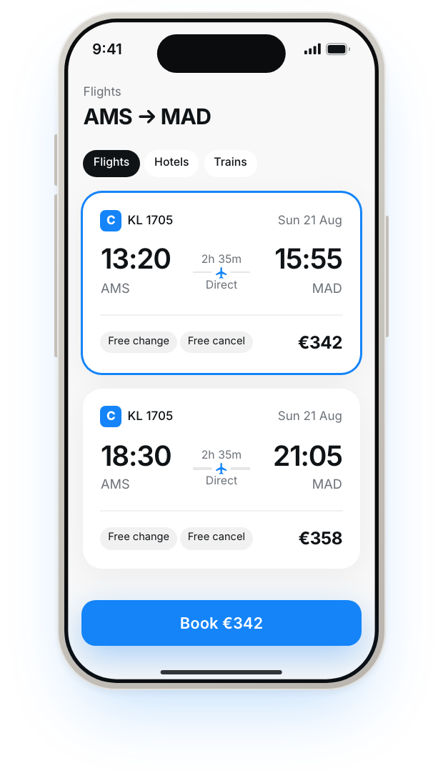 The C Teleport app on a phone, listing flights from Amsterdam to Madrid
