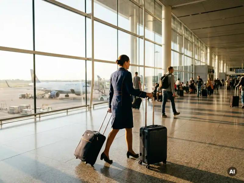 Flight crew member rolling cabin bag through sunlit airport terminal, commercial aircraft visible on tarmac through floor-to-ceiling windows.
