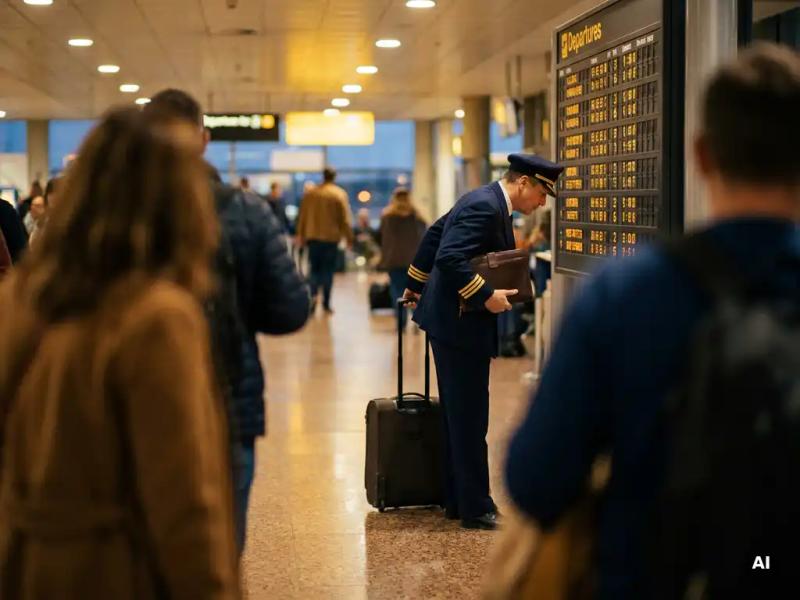 Flight crew member in uniform checking departure board at busy airport gate, rolling suitcase nearby, warm amber terminal lighting.