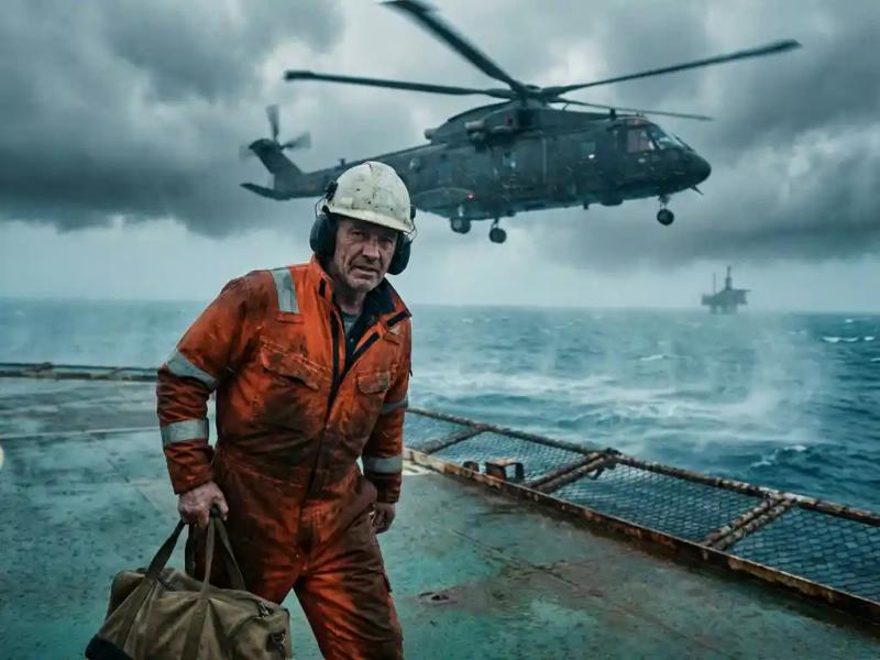 Offshore oil worker in orange survival suit on rain-slicked helideck, gripping duffel bag as helicopter hovers above stormy North Sea.