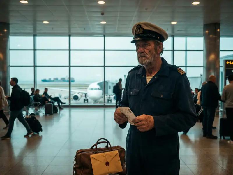 Weathered merchant seafarer in navy uniform holding boarding pass at airport departure gate, cargo ship visible on harbor horizon.