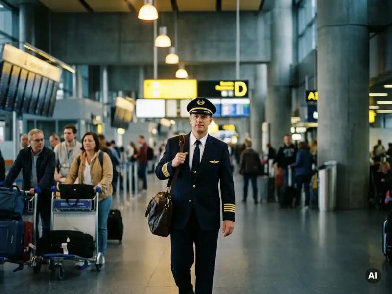 Pilot in full navy uniform walking confidently through a busy international airport terminal with blurred departure boards in the background.