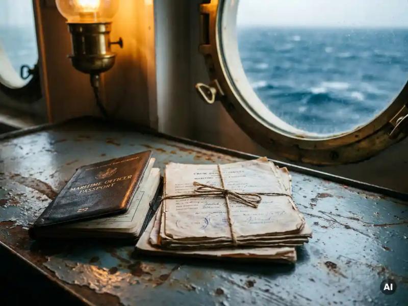 Worn maritime officer's passport and crew documents on weathered steel beside a ship's porthole overlooking open ocean.