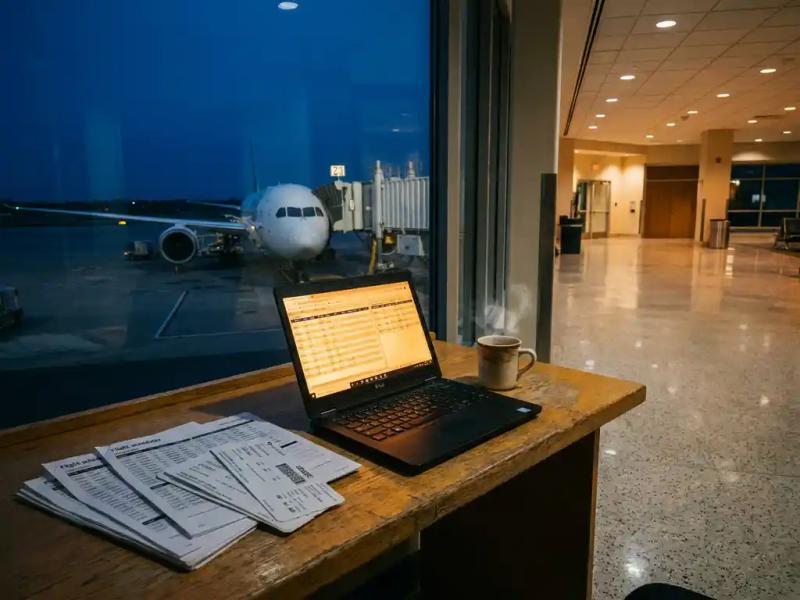 Crew planner's laptop and coffee on a jet bridge desk at dawn, flight schedules fanned nearby with a commercial airplane visible at the gate.