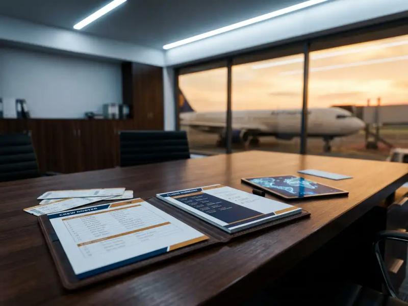 Crew roster spreadsheet and flight itinerary overlapping on a corporate desk, with boarding passes, a route map tablet, and a commercial aircraft visible through the window.