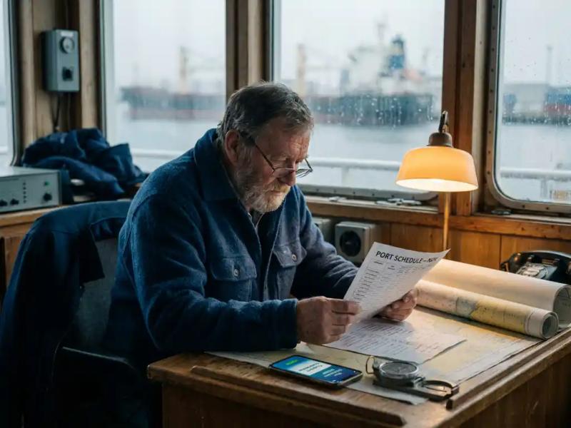 Weathered maritime captain reviewing a port schedule at a harborside desk, cargo ship visible through rain-streaked windows, smartphone showing flight booking nearby.