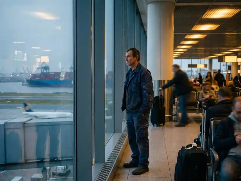 Seafarer in navy work clothes waiting at an airport gate, container ship visible through floor-to-ceiling windows in the harbor beyond.