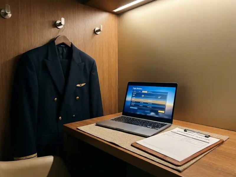 Airline pilot uniform jacket hanging beside a laptop showing a flight itinerary and crew scheduling clipboard in an airport lounge.