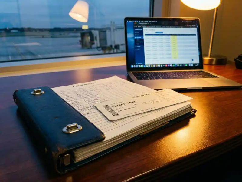 Airline pilot's crew roster binder open on airport operations desk with boarding pass tucked inside, laptop showing flight schedules in background.
