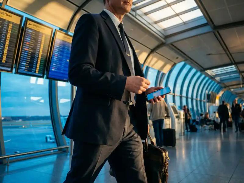 Airline crew member walking through a modern airport terminal holding a mobile device, with departure boards and glass architecture behind them.