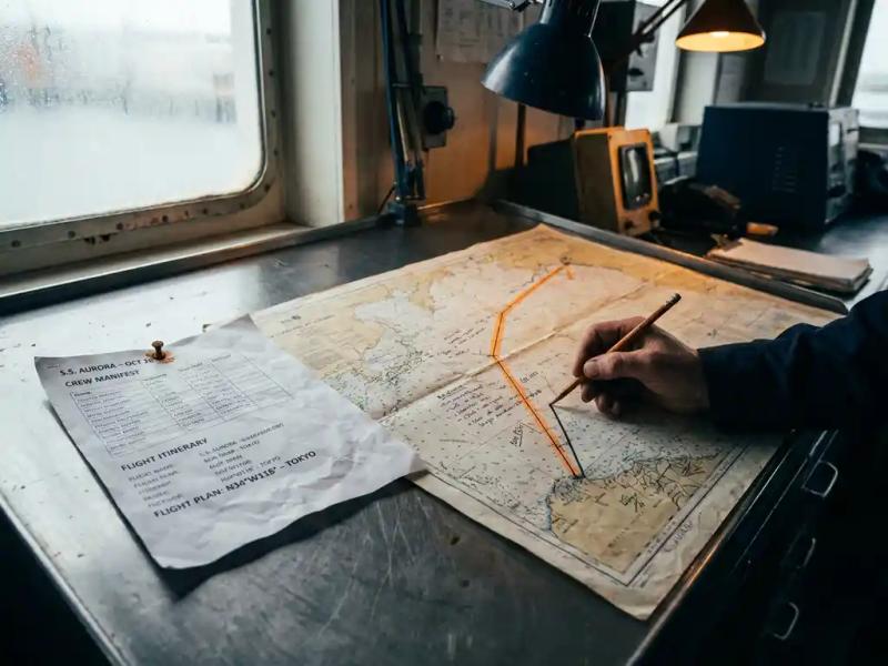 Navigator's hand tracing a highlighted air route on a nautical chart beside a crew manifest in a port-side office.