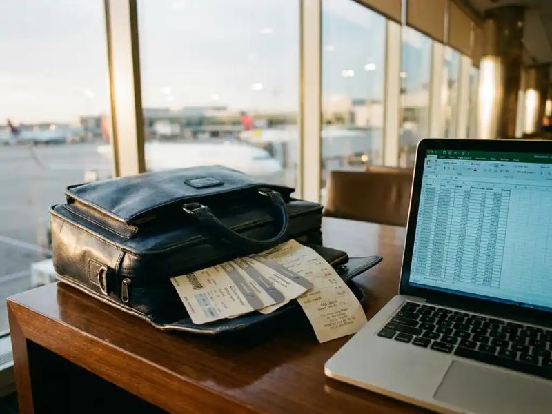 Airline pilot's open flight bag with boarding passes and fuel receipt beside a laptop showing spreadsheets in an airport lounge.