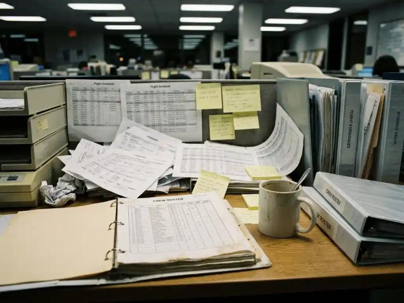 Cluttered airline operations desk with scattered paper itineraries, sticky notes, printed flight schedules, and an open crew roster binder beside cold coffee.