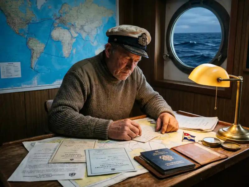 Maritime officer reviewing international passport and crew documents at ship's navigation desk, world map with shipping routes behind him.