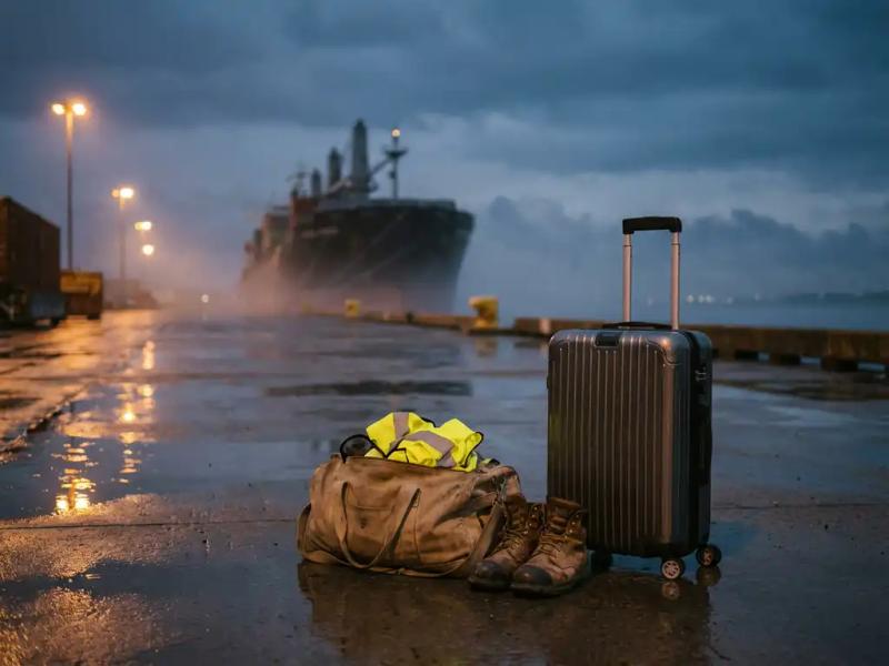 Weathered duffel bag with high-visibility safety gear and steel-toed boots beside a carry-on suitcase on a rain-slicked port dock, cargo vessel in misty background.