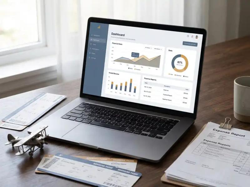 Laptop showing a financial dashboard on a polished desk with boarding passes, a model airplane, and clipped expense reports in warm amber and slate blue light.