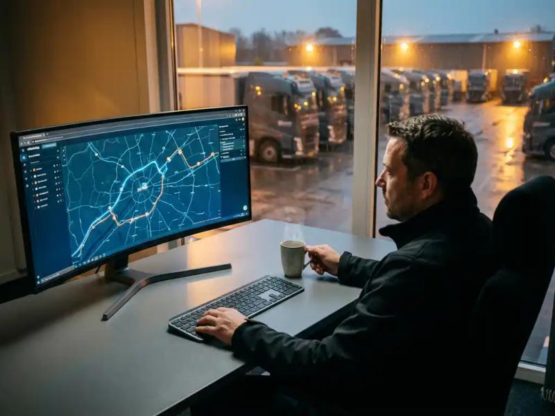 Fleet manager monitors live vehicle tracking map at command desk, coffee in hand, overlooking illuminated logistics yard at dusk.