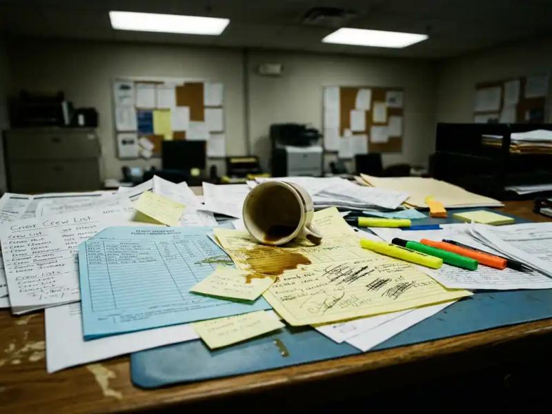 Cluttered airline operations desk with tangled crew rosters, sticky notes, and flight itineraries under a tipping coffee cup mid-spill.
