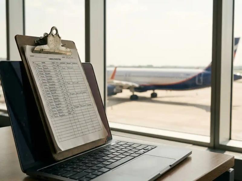 Crew roster spreadsheet on a clipboard leaning against a laptop, with a commercial airplane visible through a sunlit airport terminal window.