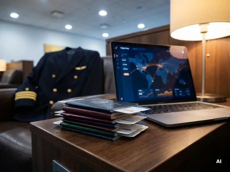 Stack of international passports with boarding passes on an airport lounge desk beside a laptop showing a flight dashboard, crew jacket in background.