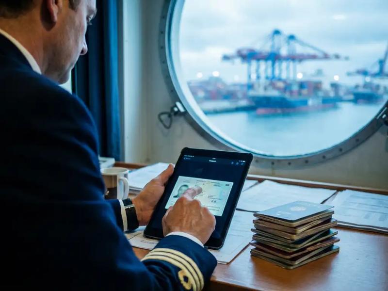 Maritime officer scanning crew passport on tablet at modern ship workstation, cargo port visible through porthole at dawn.