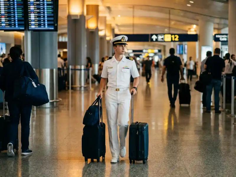 Young maritime officer in white uniform pulling a suitcase through a busy airport terminal with blurred departure boards in the background.