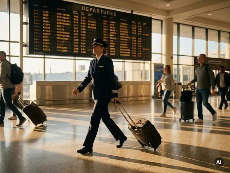 Flight crew member in uniform walking through a busy airport terminal toward a departure gate, rolling luggage in hand.