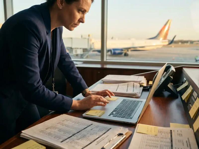 Crew planning officer reviewing flight rosters on a laptop at an operations desk, commercial aircraft visible through terminal window in warm afternoon light.