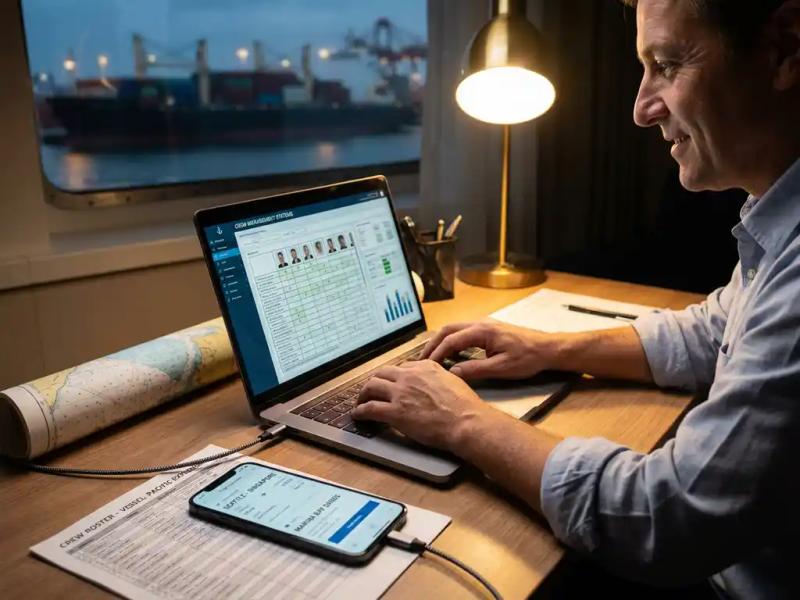 Maritime operations manager at laptop with crew scheduling dashboard, smartphone showing travel itinerary, nautical charts on desk, harbor view background.