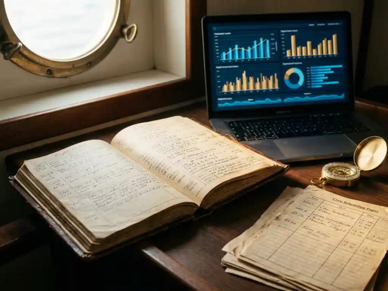 Worn leather flight logbook open beside a laptop showing analytics charts on a maritime desk with brass compass and scheduling papers.