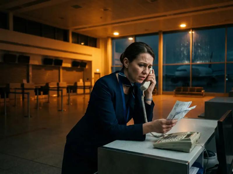 Exhausted airline crew member in uniform urgently using a desk phone at a closed airport gate late at night.