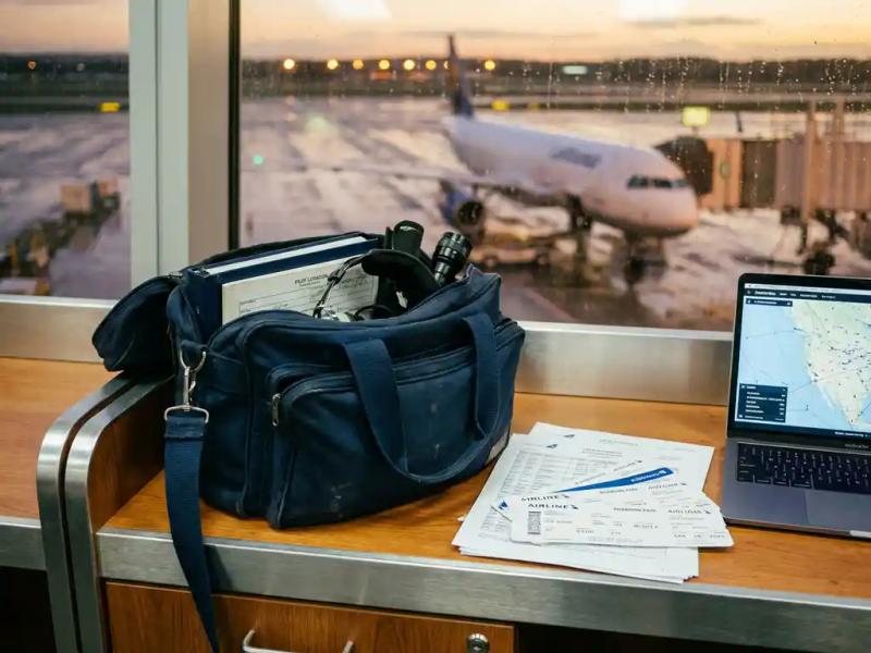 Pilot's flight bag open on airport operations desk with crew schedules, boarding passes, and laptop; commercial aircraft visible through terminal window.