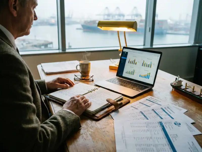 Maritime operations manager reviewing scheduling planner and cost charts on laptop at desk, harbor with container ships visible through window.