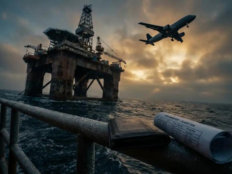 Offshore oil platform at dawn with a commercial airplane banking overhead, crew roster and leather travel wallet on a salt-sprayed railing in the foreground.