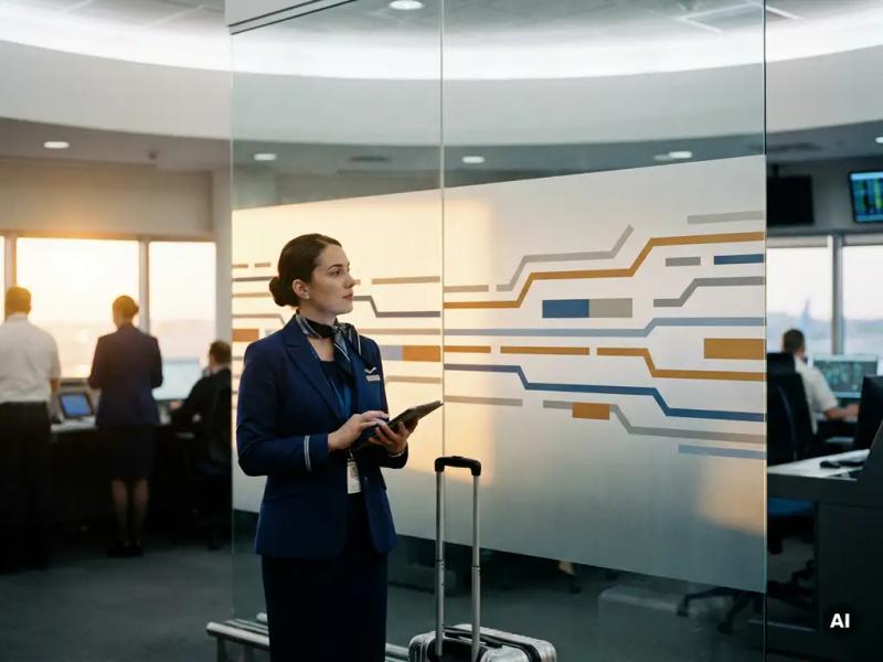 Airline crew member reviewing flight schedule board in airport operations room, rolling luggage nearby, departure routes on frosted glass wall.
