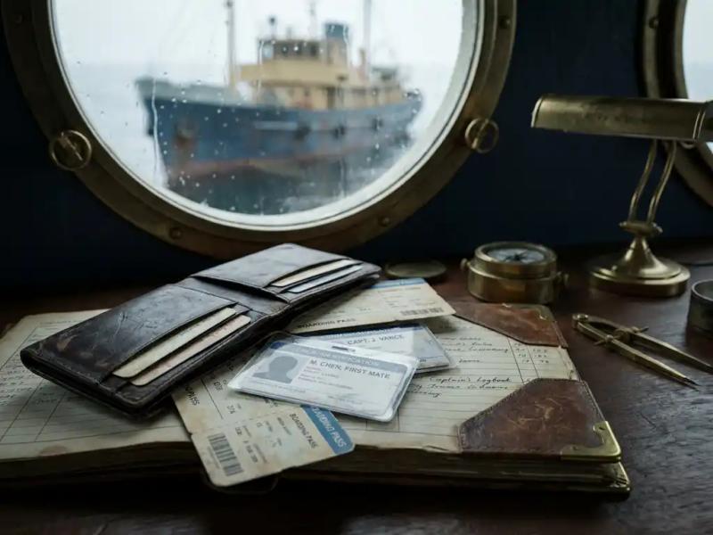 Worn leather travel wallet open on a maritime desk with boarding passes and crew ID badges beside a captain's logbook, ship visible through rain-streaked porthole.