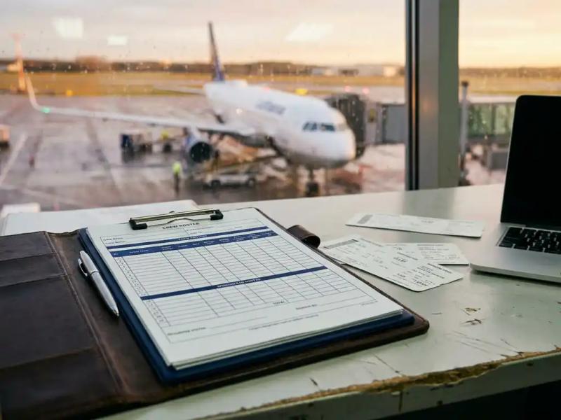 Pilot crew roster clipboard on airport operations desk with boarding passes and laptop, commercial aircraft visible through window in amber runway light.